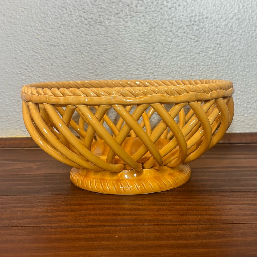 Woven Ceramic Fruit Bowl in Mustard Yellow